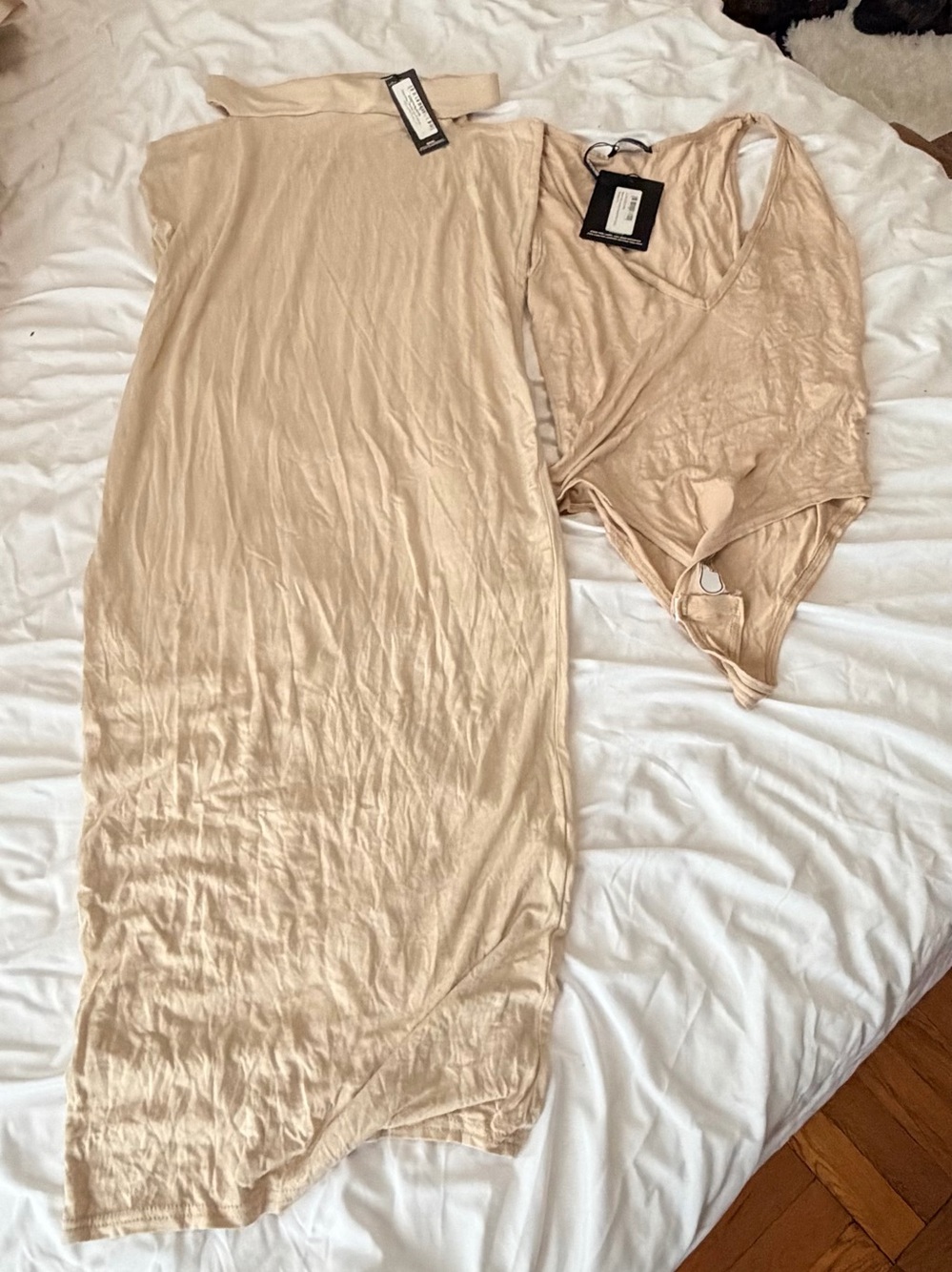 Women’s Beige Bodycon Slip Dress & Bodysuit Set